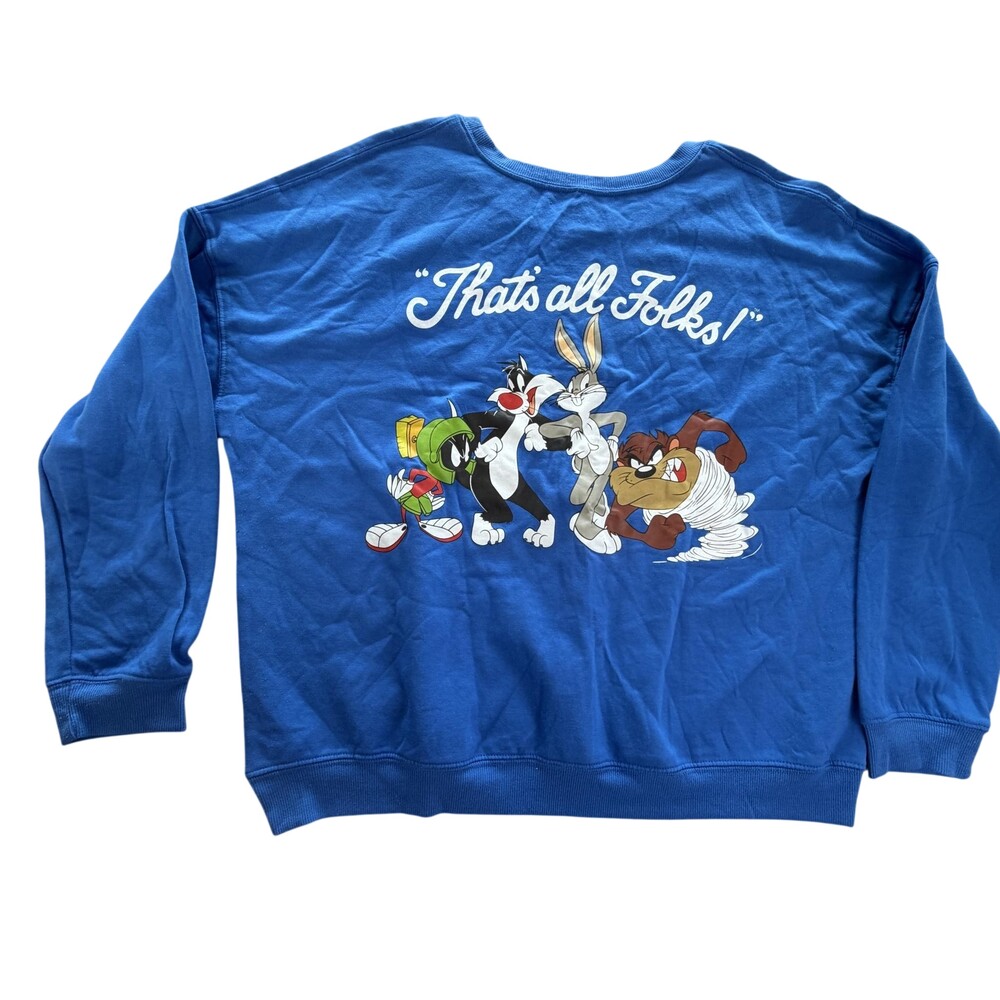 Looney Tunes Sweatshirt Mens XL Blue That's All Folks Graphic Fleece Pullover